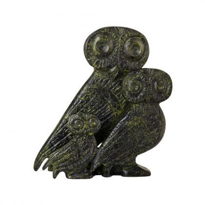 Three Bronze Owls Sculpture Greek Handmade Antique..