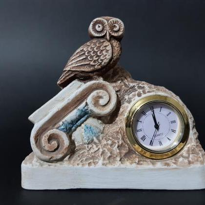 Table Clock Greek Owl And Column Sculpture Ancient..