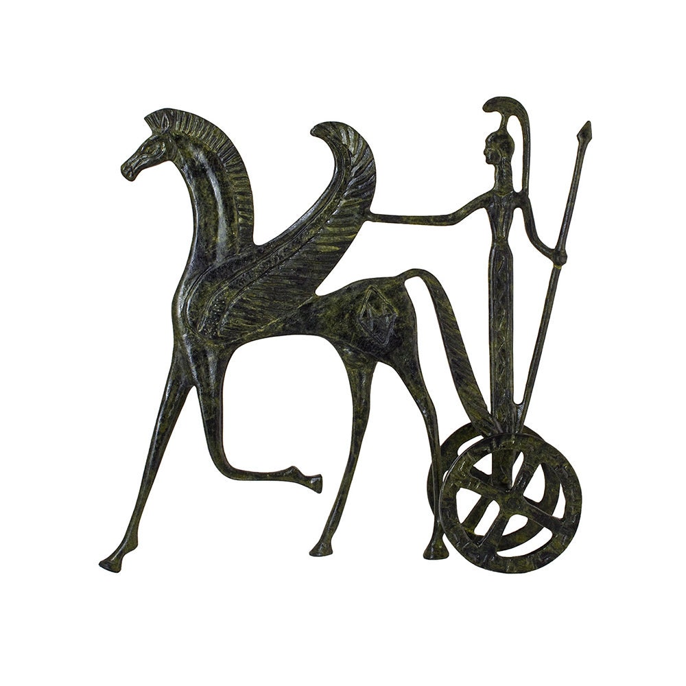 Ancient Bronze Greek Chariot Sculpture Pegasus And Goddess Athena Handmade Hand Painted Craft Statue 21cm