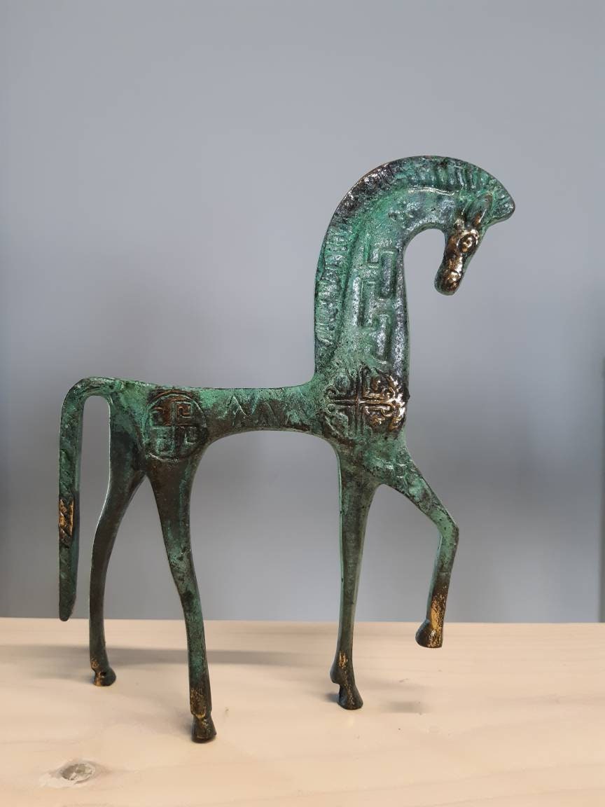 Ancient Greek Bronze Sculpture Horse Handmade Museum Finish Statue 19.30cm