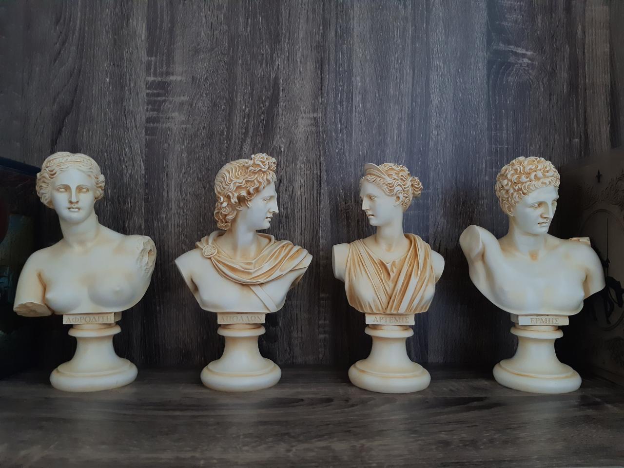 Set Busts Of Hermes, Apollo God And Aphrodite, Artemis Goddess