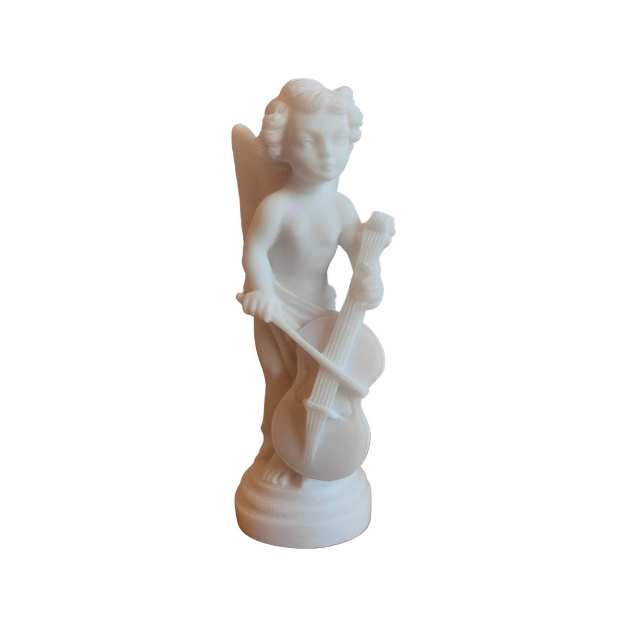 Baby Angel Statue Playing Violin Made Of Alabaster 15cm