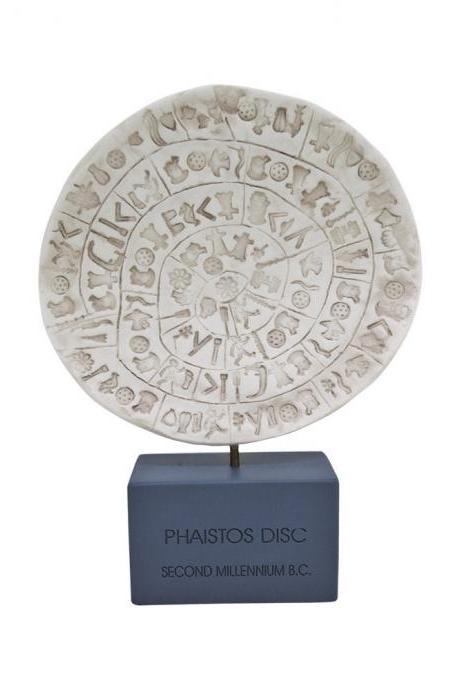 Phaistos Disc Sculpture Ancient Greek Cretan Historical Alabaster Handmade Statue On Marble Base 23cm