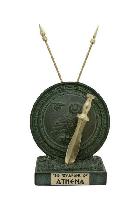 Athena Goddess Shield With Owl And Sword Sculpture Greek Handmade Alabaster 22cm