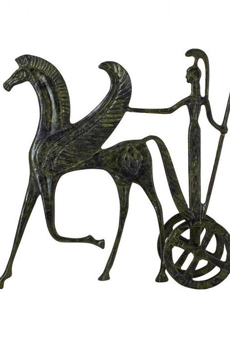 Ancient Bronze Greek Chariot Sculpture Pegasus and Goddess Athena Handmade Hand Painted Craft Statue 21cm