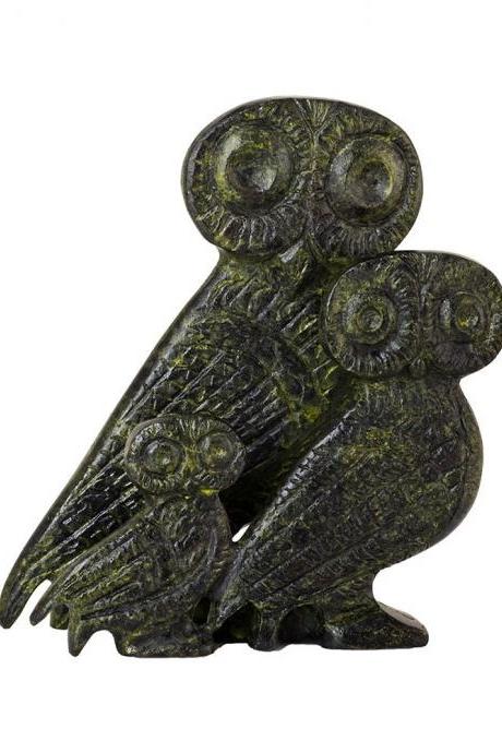 Three Bronze Owls Sculpture Greek Handmade Antique Style Craft Statue 10cm