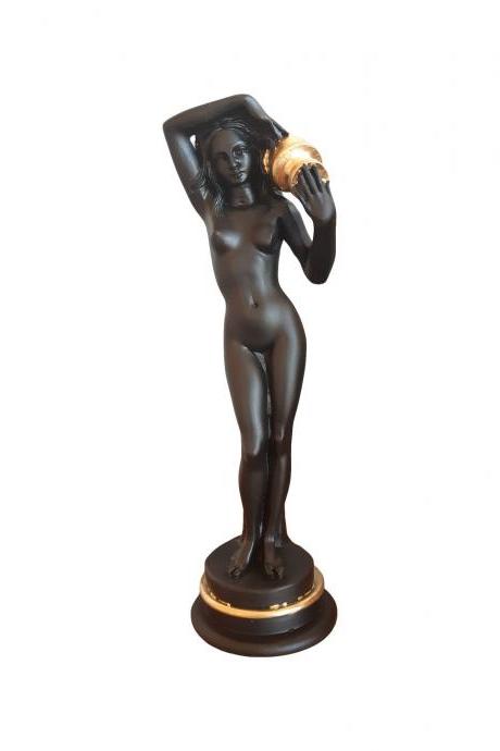 Nude Woman Statue Carrying Hydria Water Jar - Ancient Greek Handmade Alabaster Black Sculpture 39cm