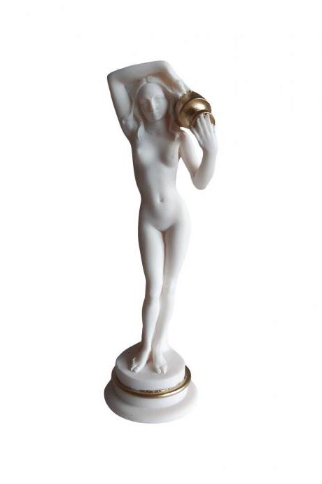 Nude Woman Statue Carrying Hydria Water Jar - Ancient Greek Handmade Alabaster Sculpture 39cm