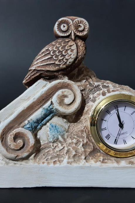 Table Clock Greek Owl and Column Sculpture Ancient Sculpture