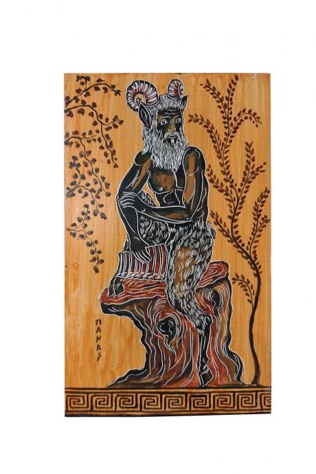 Pan God Figure Painting Greek Handmade Wood Wall Sculpture 25cm