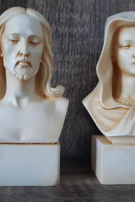 Set Jesus Christ And Mary Mother Bust Statue Made Of Alabaster