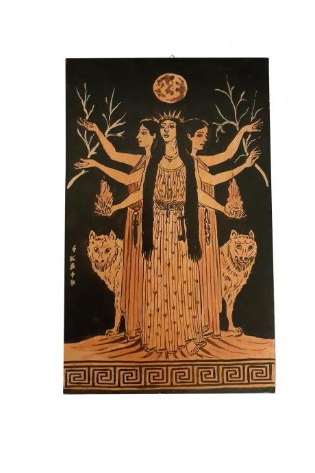 Hecate Goddess of Magic Unique Handmade Greek Wall Painting on Wood 50cm